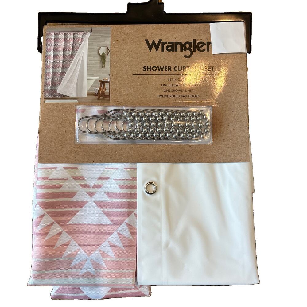 Wrangler Jericho Pink Aztec Geometric 14pc Shower Curtain Cowboy Western Cowgirl